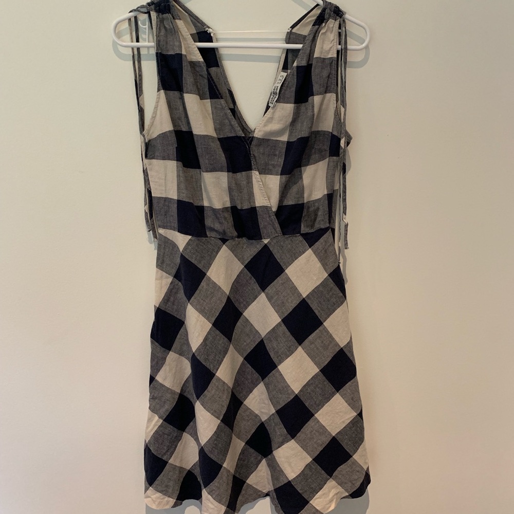 Zara Basic Denim Checkered Navy Dress with Ties